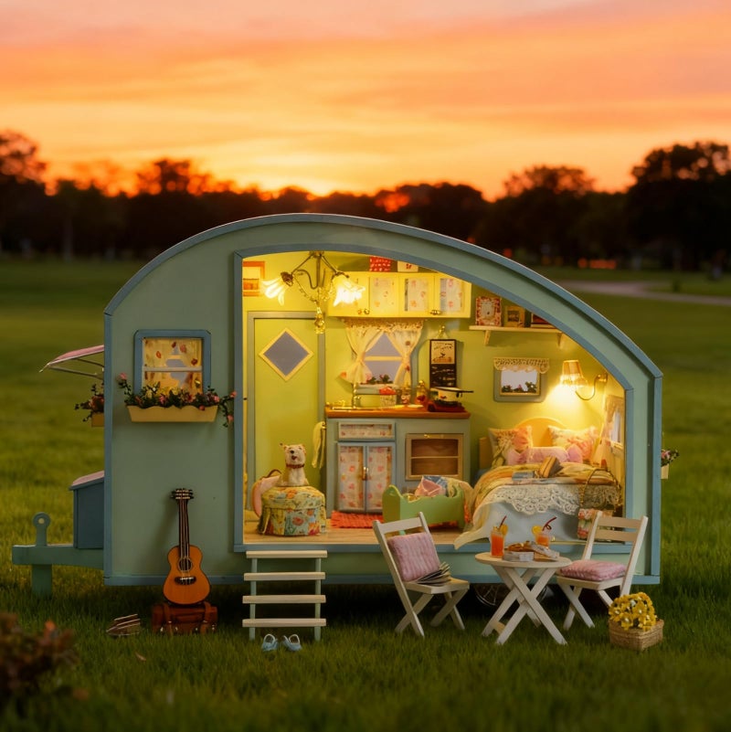 CUTEROOM DIY Miniature Wooden Caravan Dollhouse Kit with Furniture - Creative Mini Doll House Craft for Adults, Teens - Perfect Christmas Birthday Gift - Image 3